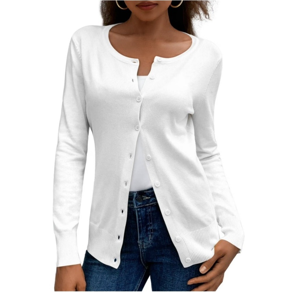 a.Jesdani Women Cardigan White Button Front Crew Neck Long Sleeve L